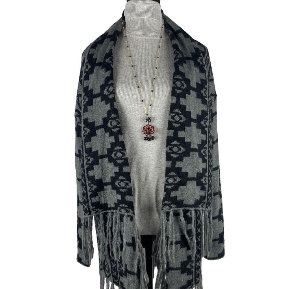 Caslon Women Cardigan Sweater Gray Black Geometric Fringe Open Front Size XS 327 - Picture 6 of 11